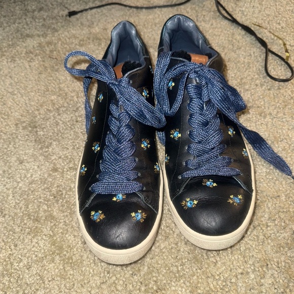 Coach Shoes - Coach Black Leather Sneakers w/ Blue Rose Embroidery – Size 9 (EU 39.5)